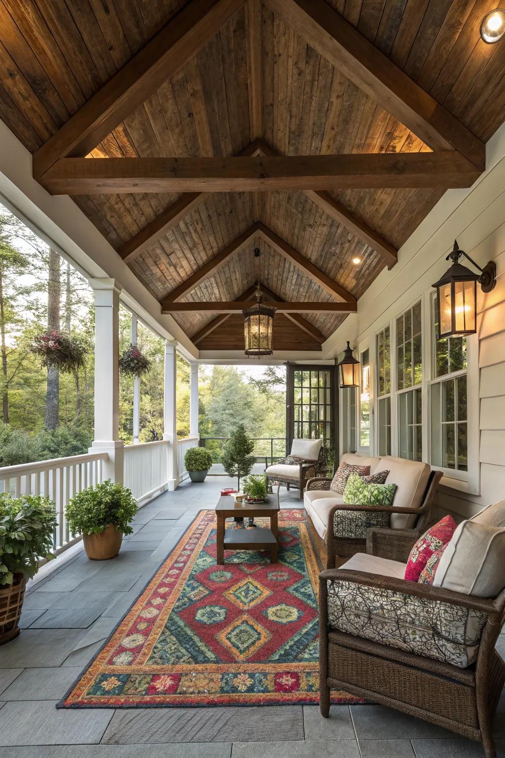 Incorporate warmth through a decorative rug upon your porch.