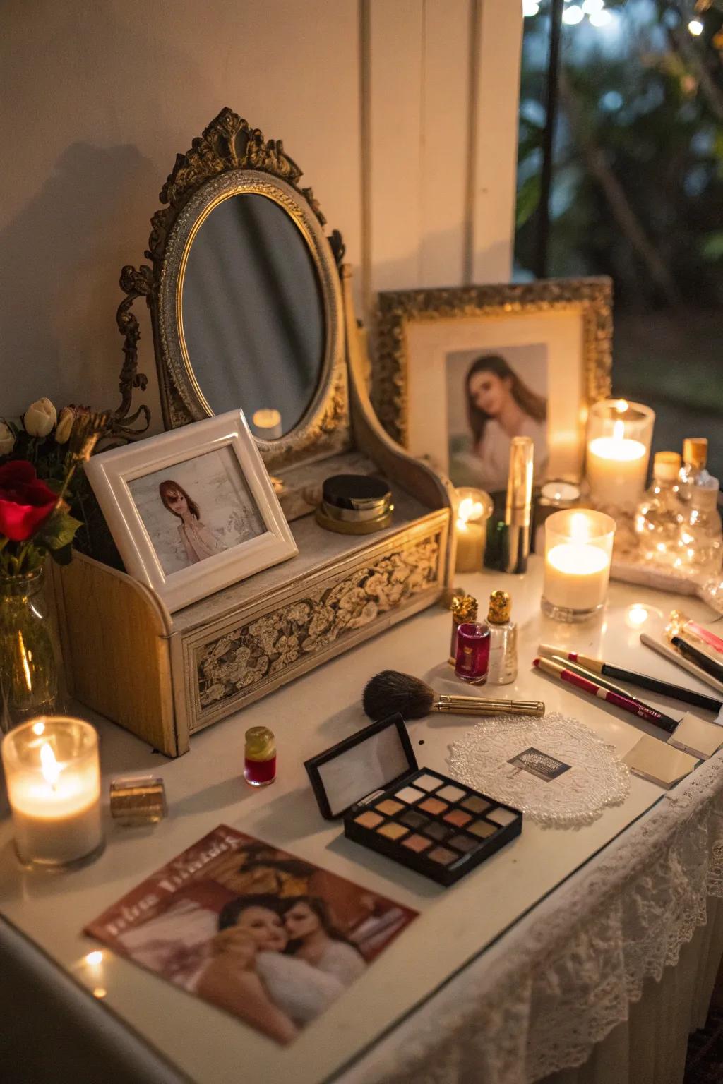 Distinctive accents like photographs and candles contribute warmth to your vanity.