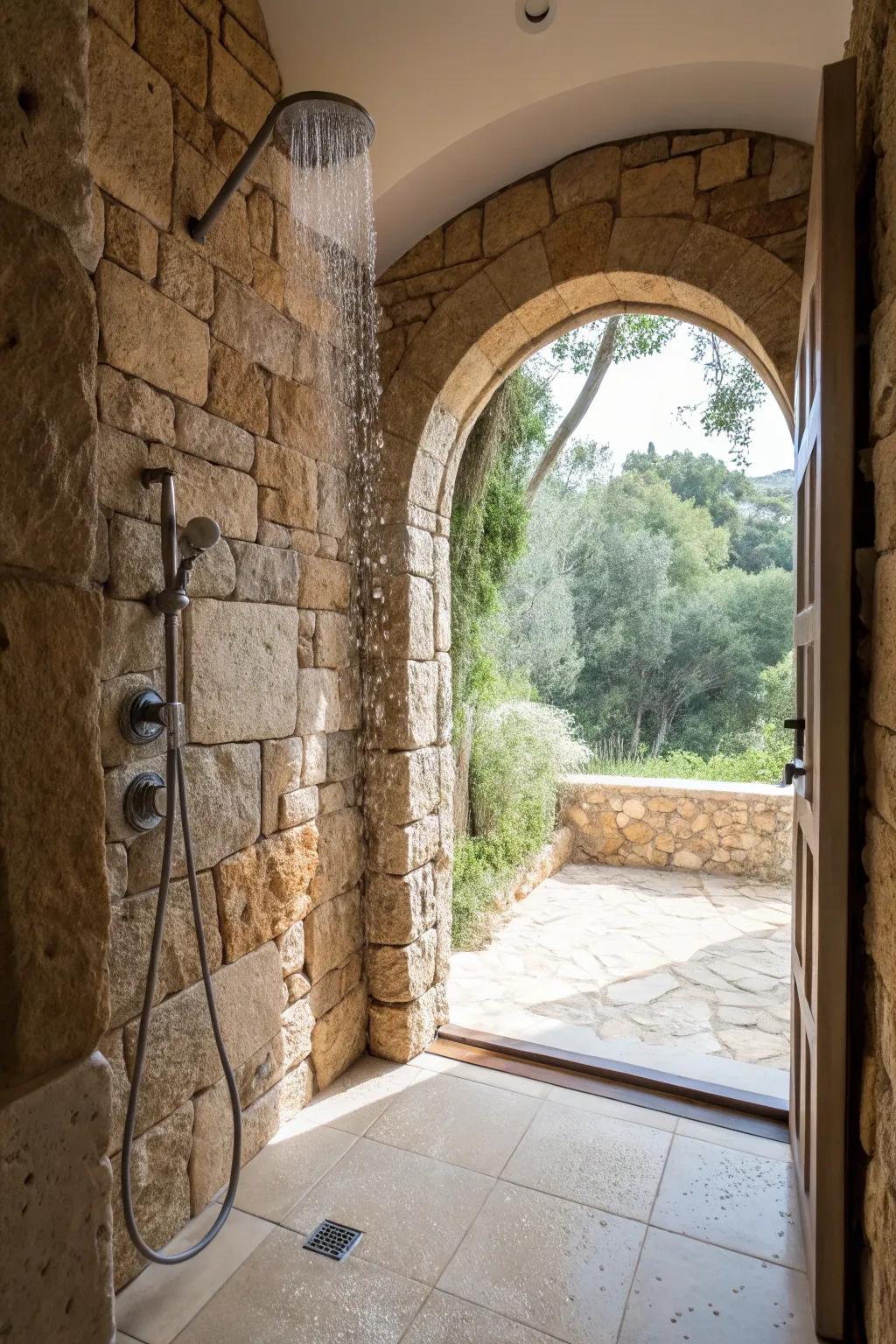 Shower enclosure with curved rock entrance and natural lighting effects.