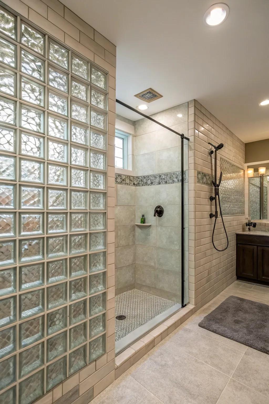 Glass blocks provide texture and privacy in this stylish walk-in shower.