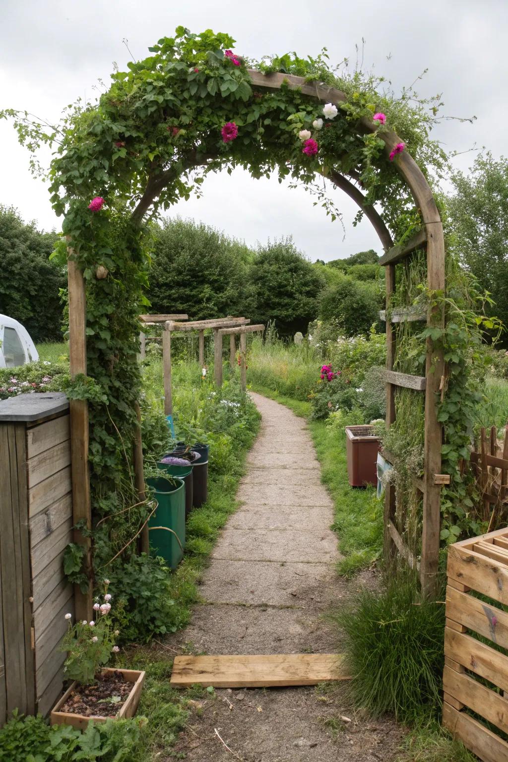 Eco-conscious arches demonstrate creativity and sustainability in garden design.