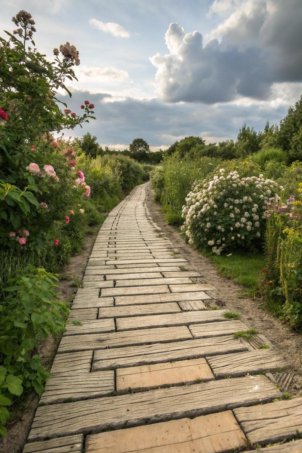 Timber-look flagstones deliver countryside appeal through minimal upkeep.
