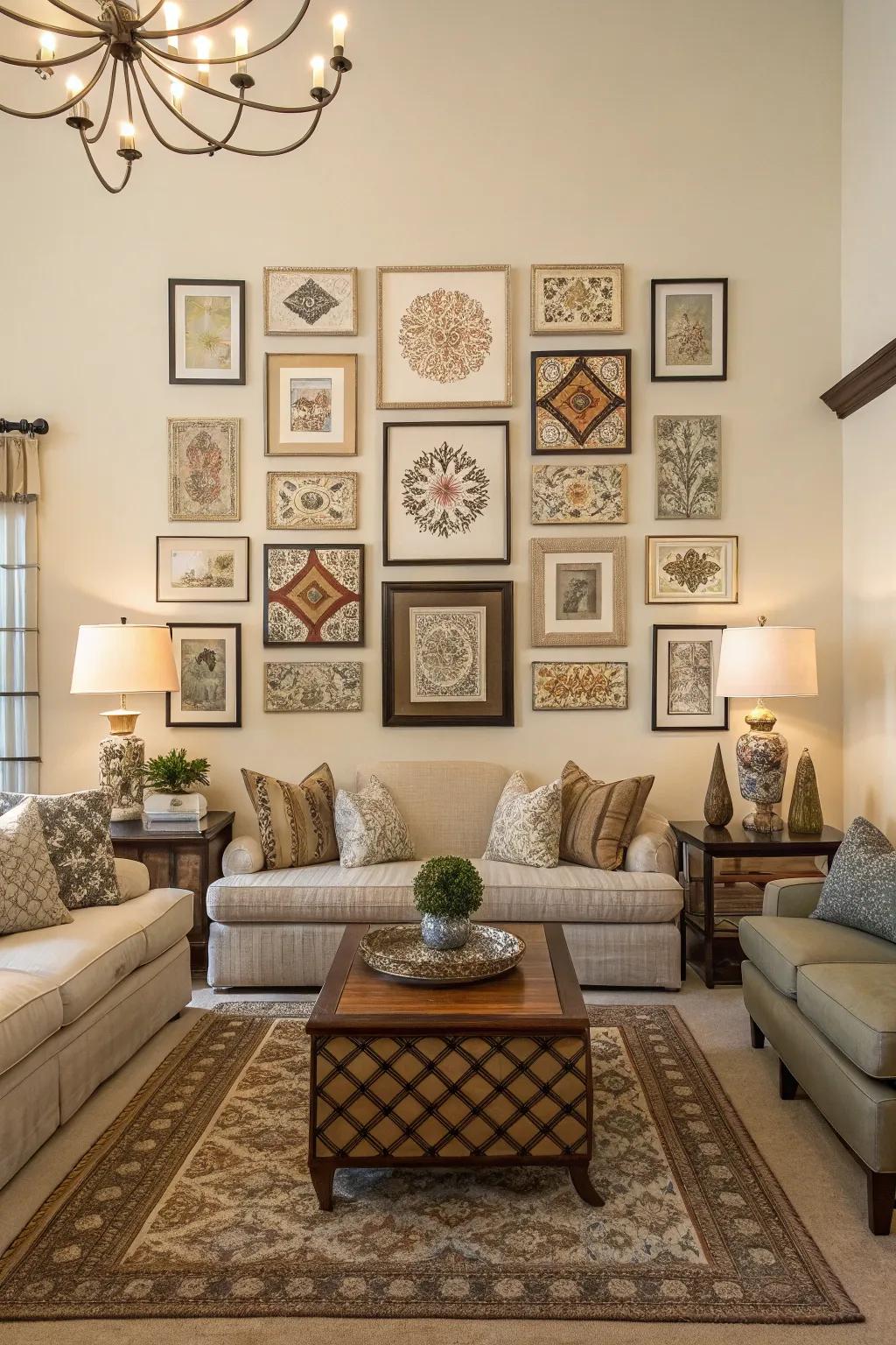 Even wall art layouts in a living room.