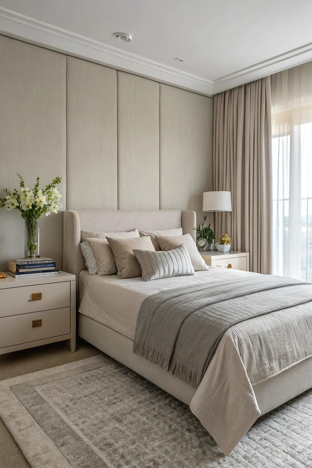 Neutral tones fashion a calming and sophisticated sleep chamber.