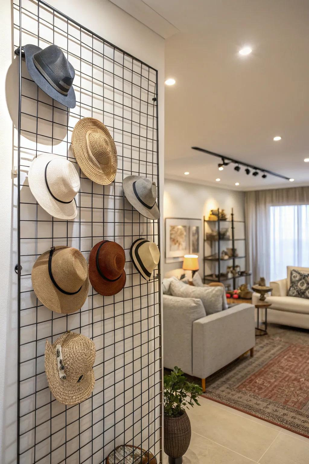 A versatile hat display with a wire-mesh grid