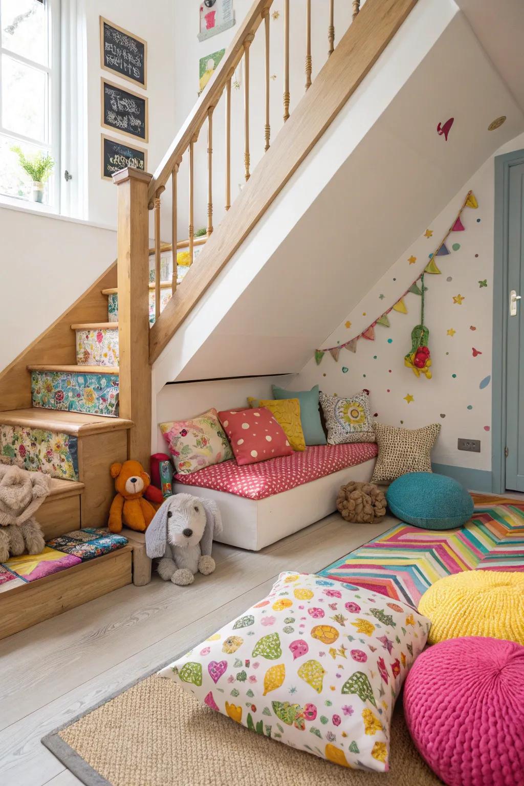 A play area for children under the staircase is an enjoyable use of space.