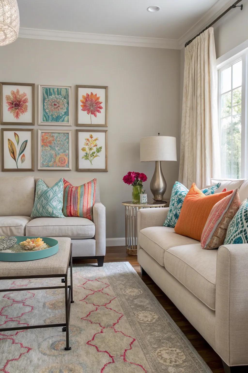 Splashes of vibrancy infuse a neutral living area with character without dominating it.