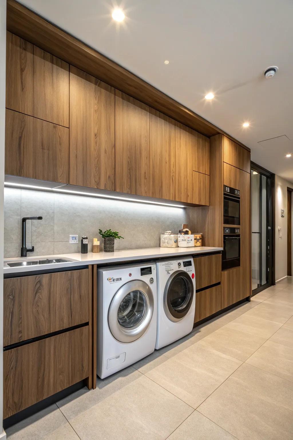 Laundry pair blend seamlessly with kitchen cabinetry for a uniform look.