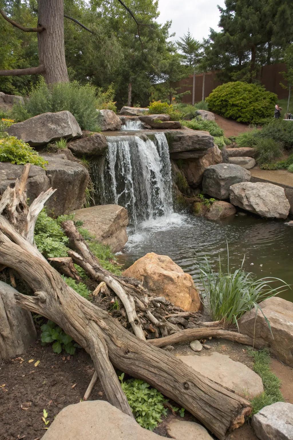Using driftwood adds an artistic touch to your water feature.