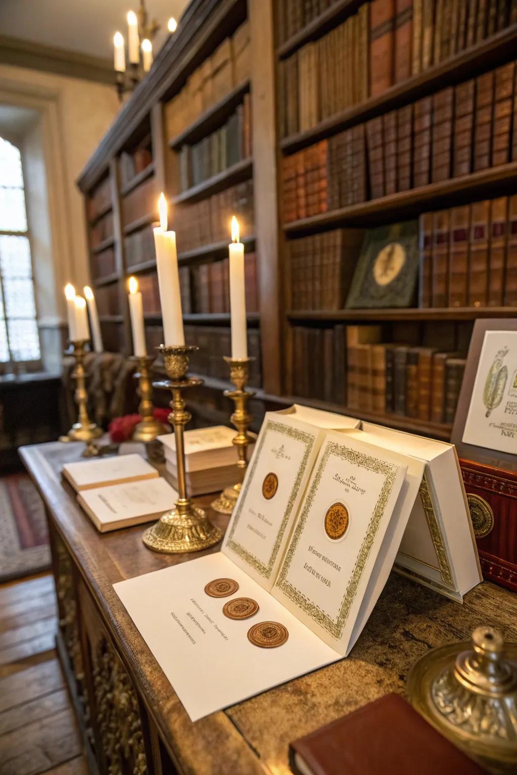 Books adorned with wax seal book marks, offering a customized and elegant accent.