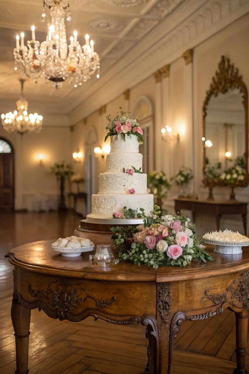 A classic surface presenting a nostalgic accent to the wedding cake display.
