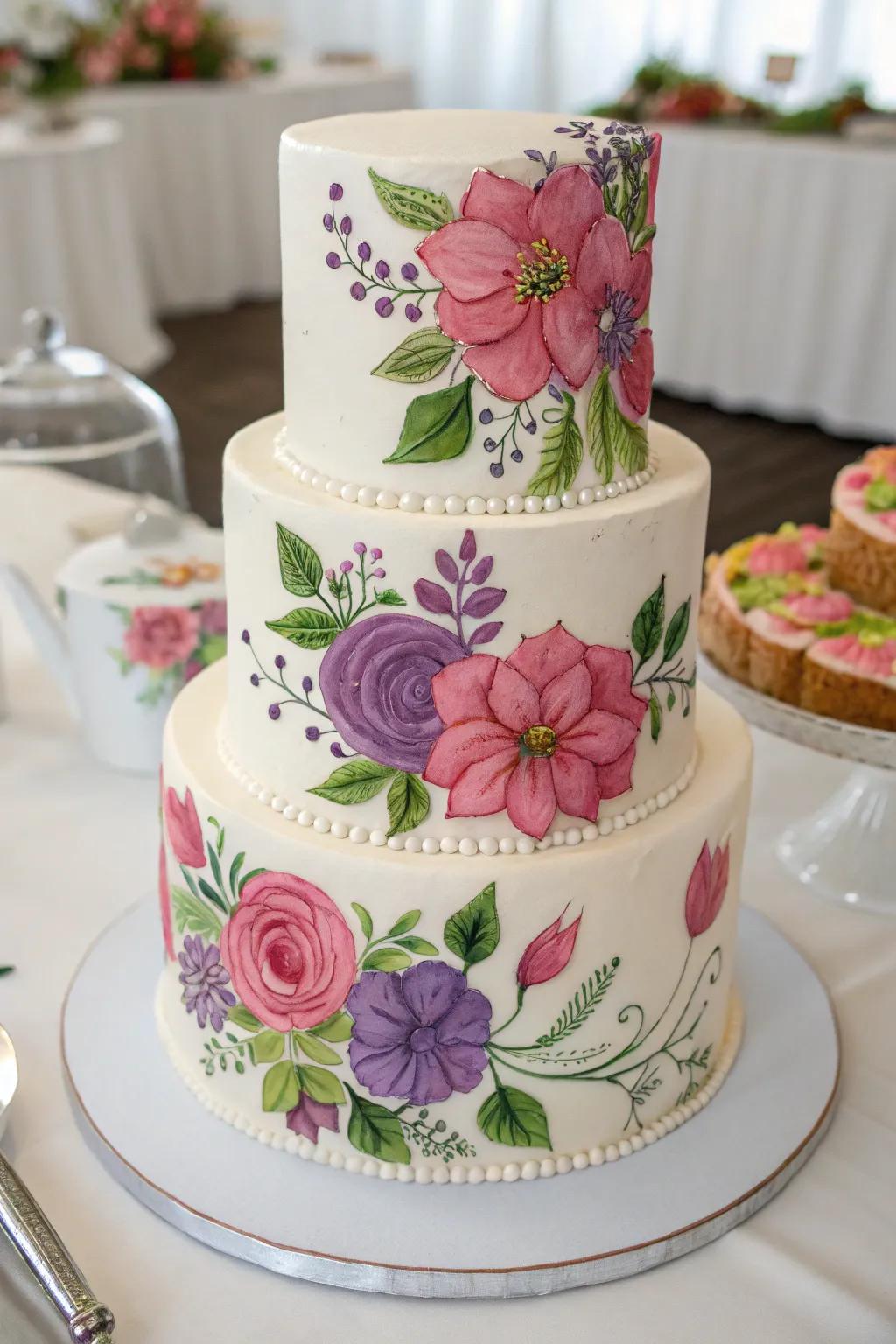 A wedding cake featuring hand-painted floral designs for an artistic style.