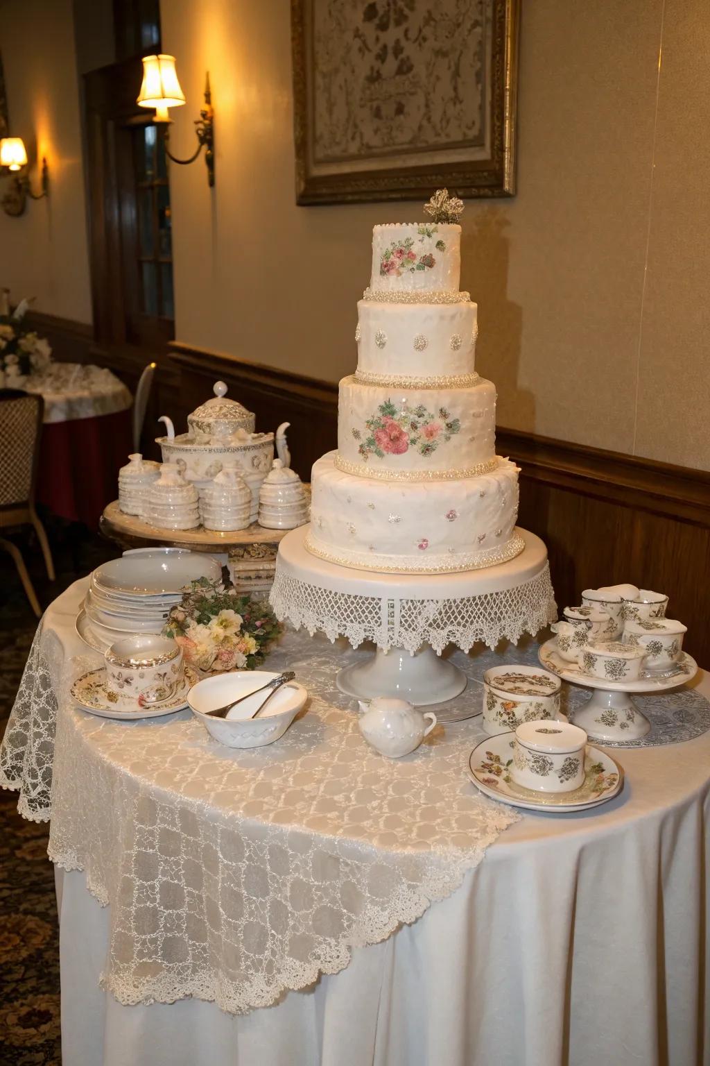 A vintage-inspired wedding cake table with antique lace and china.