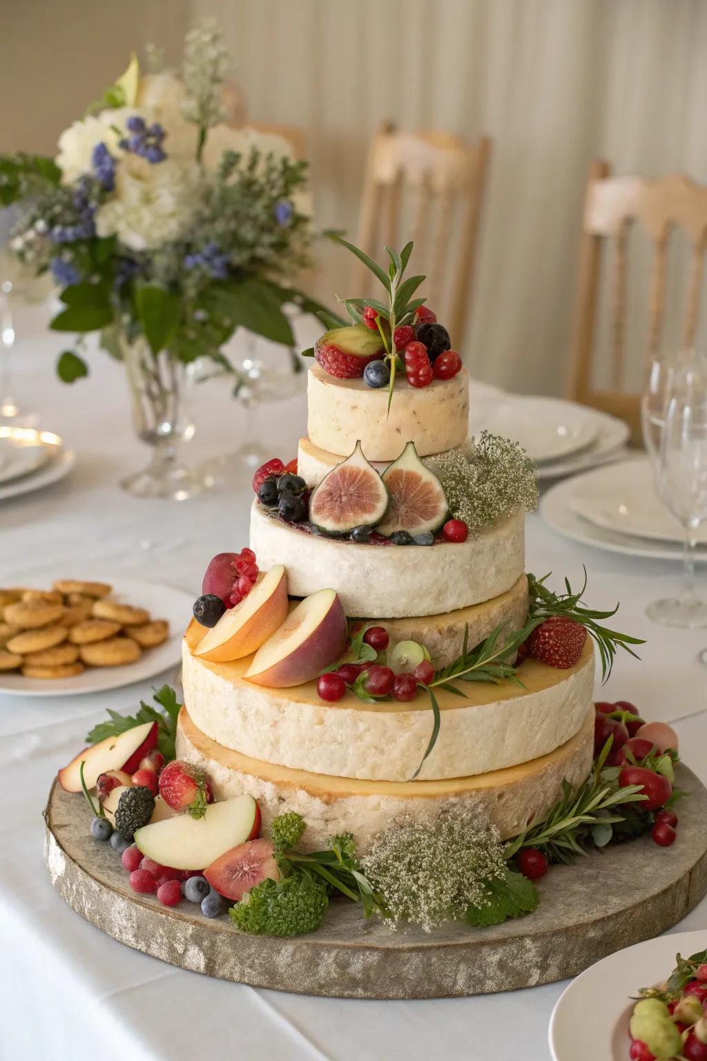 A delicacy wheel cake serves as a unique centerpiece.