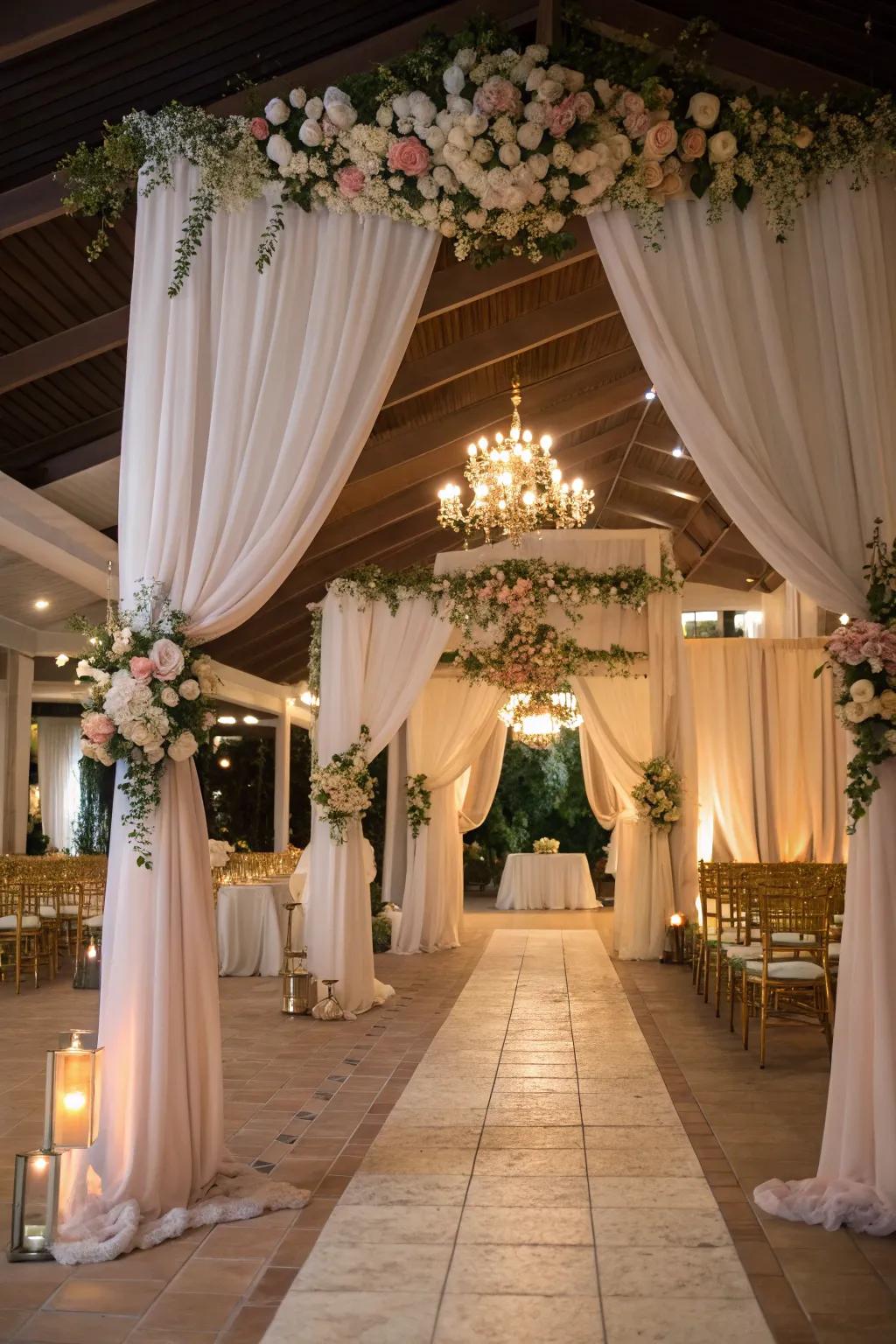 Improve your venue with fabric adorned with romantic floral touches.