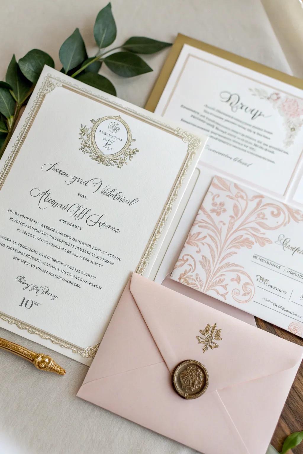 Paper set with matching invite, RSVP card, and sleeve.