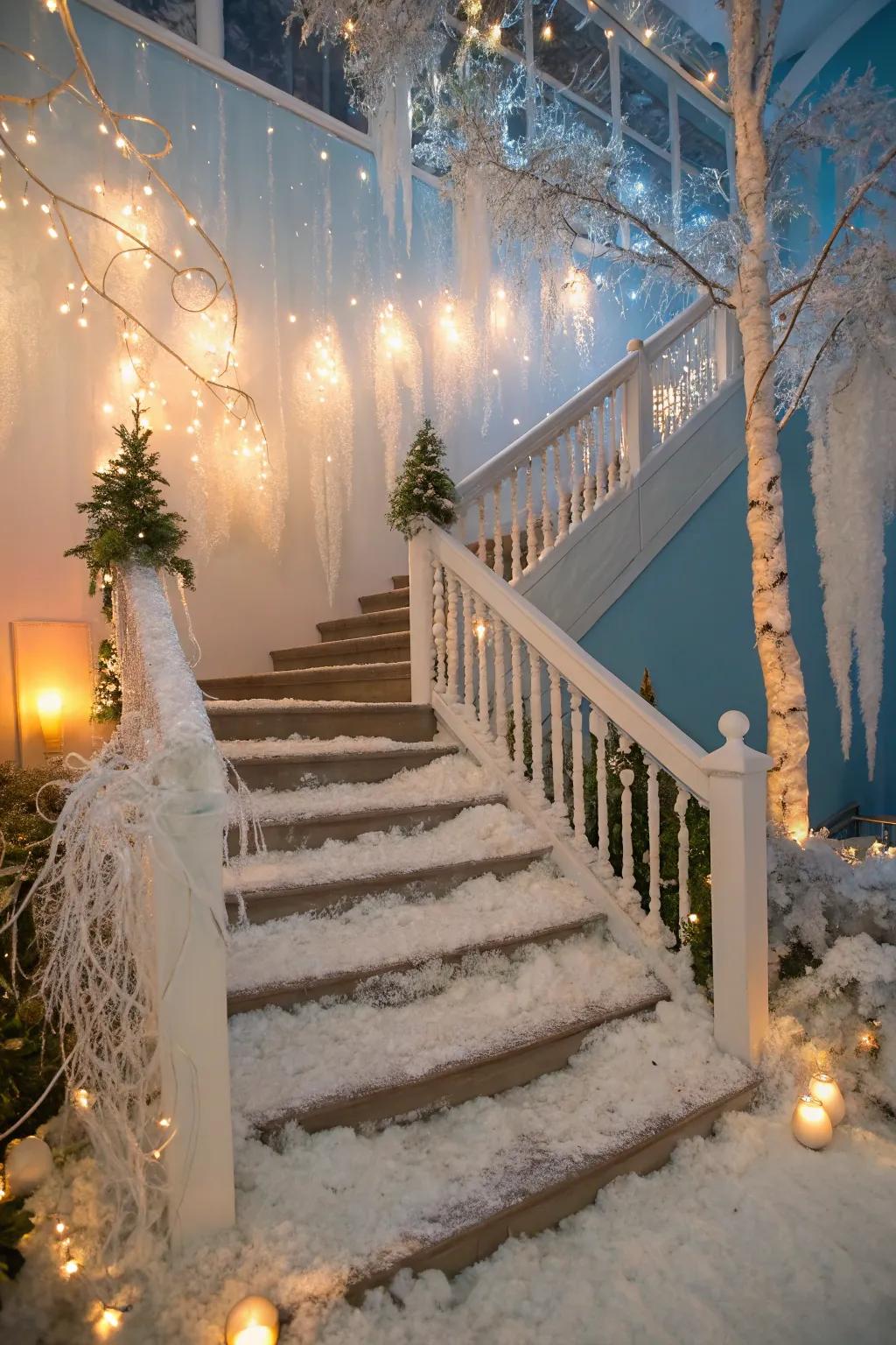 A theme centered around a winter wonderland introduces a captivating and seasonal highlight to this staircase.