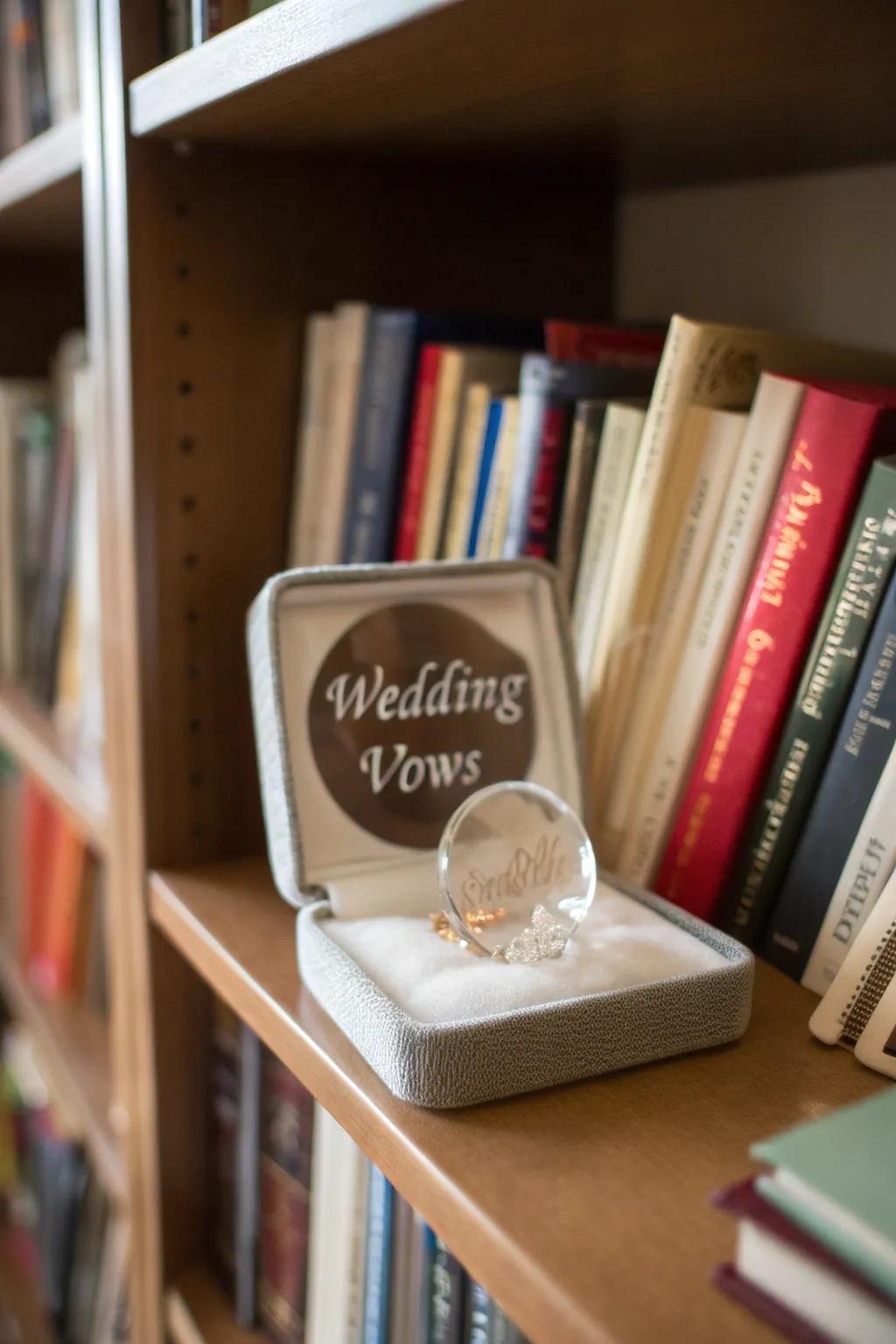 Ageless inscribed crystal vows positioned as a bookcase centerpiece.