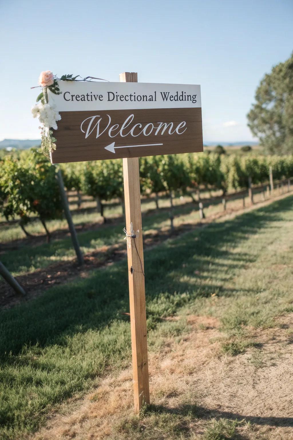 A creative directional welcome board, perfect for helping guests at a vineyard wedding.