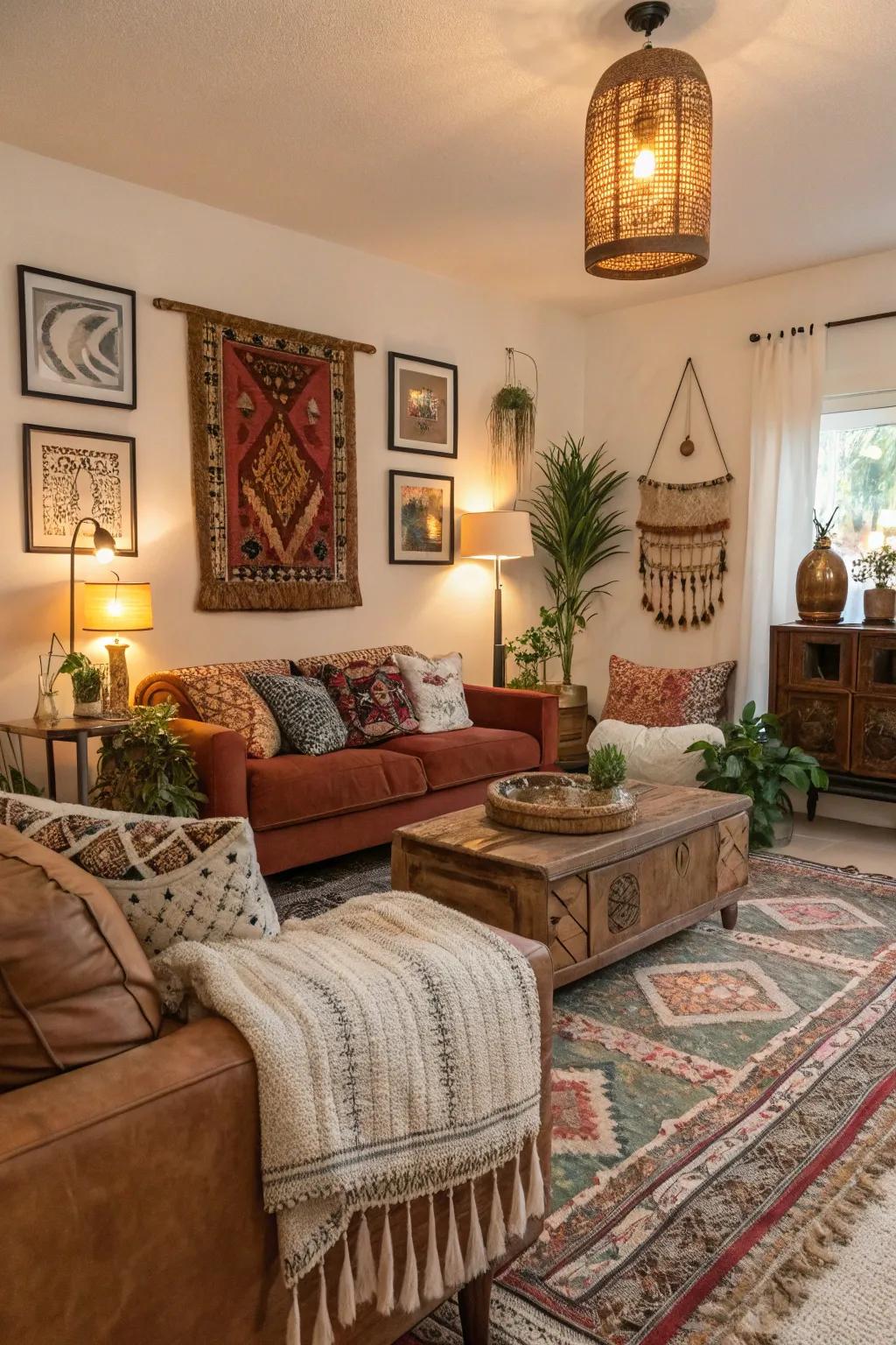 Eclectic boho lounge with mixed styles.