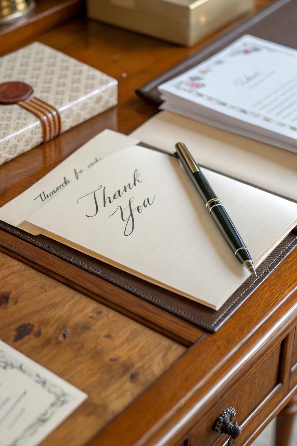 A handwritten thank you note contributes a personal, honest touch.