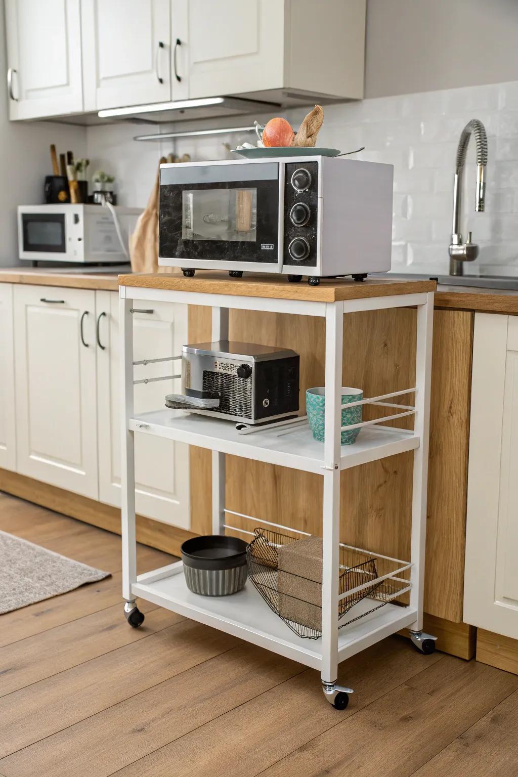 A stylish transporter provides mobility and extra storage for your wave cooker.