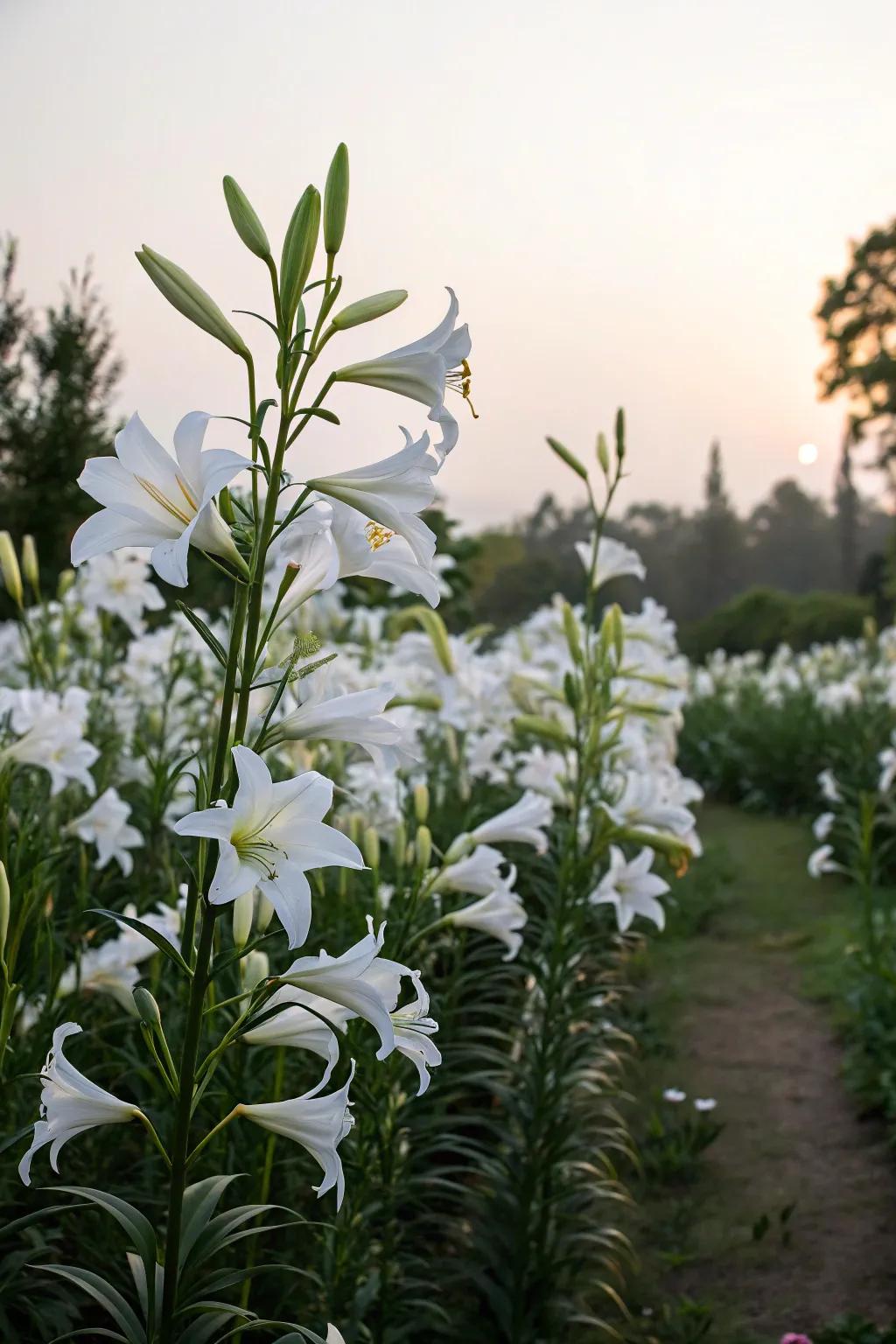 Pale lilies add striking drama to the garden with their impressive blossoms.