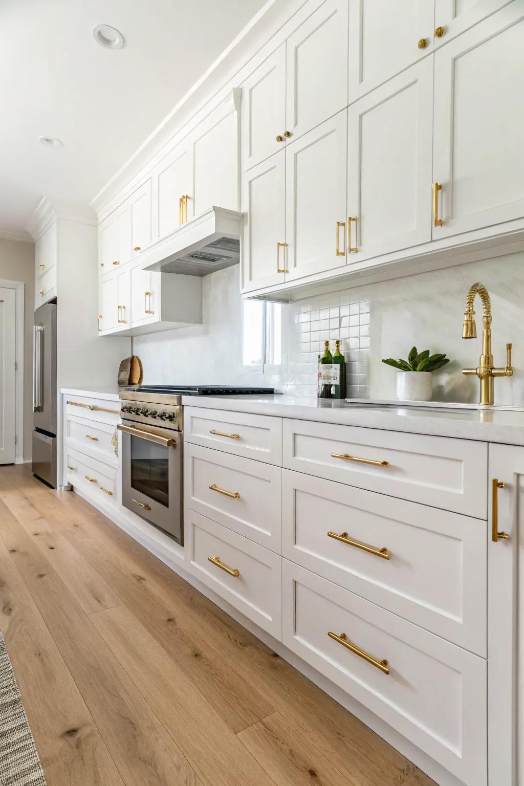 Extravagant gold accents raising a light-colored cooking area's style.