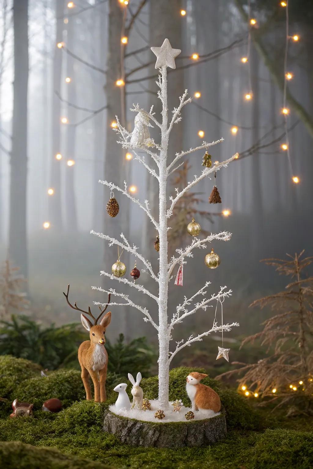 A whimsical woodland-themed white pencil tree using animal trinkets.