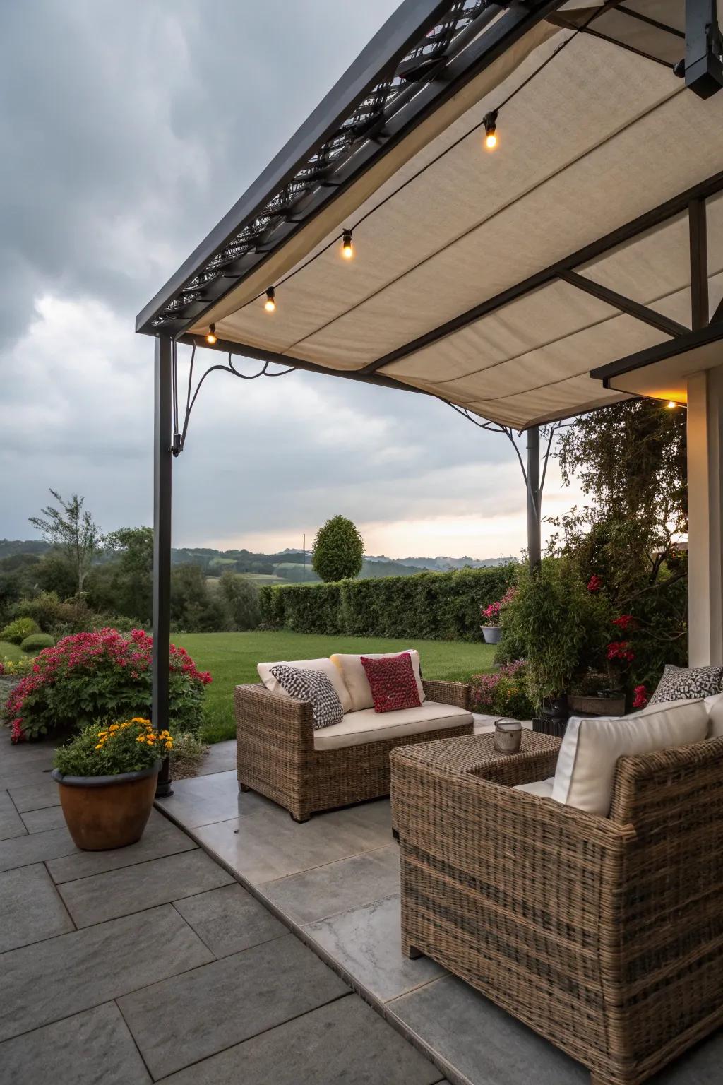 Adaptable terrace design featuring sheltered and open zones.