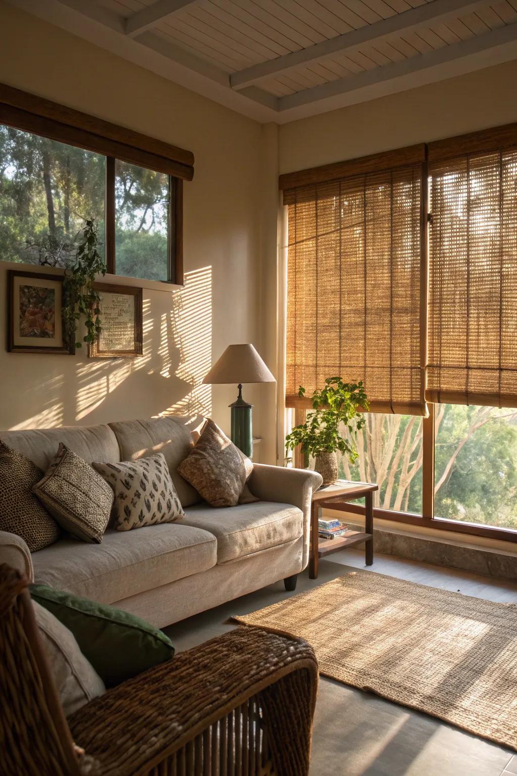 Cane window dressings bring natural warmth and solitude.