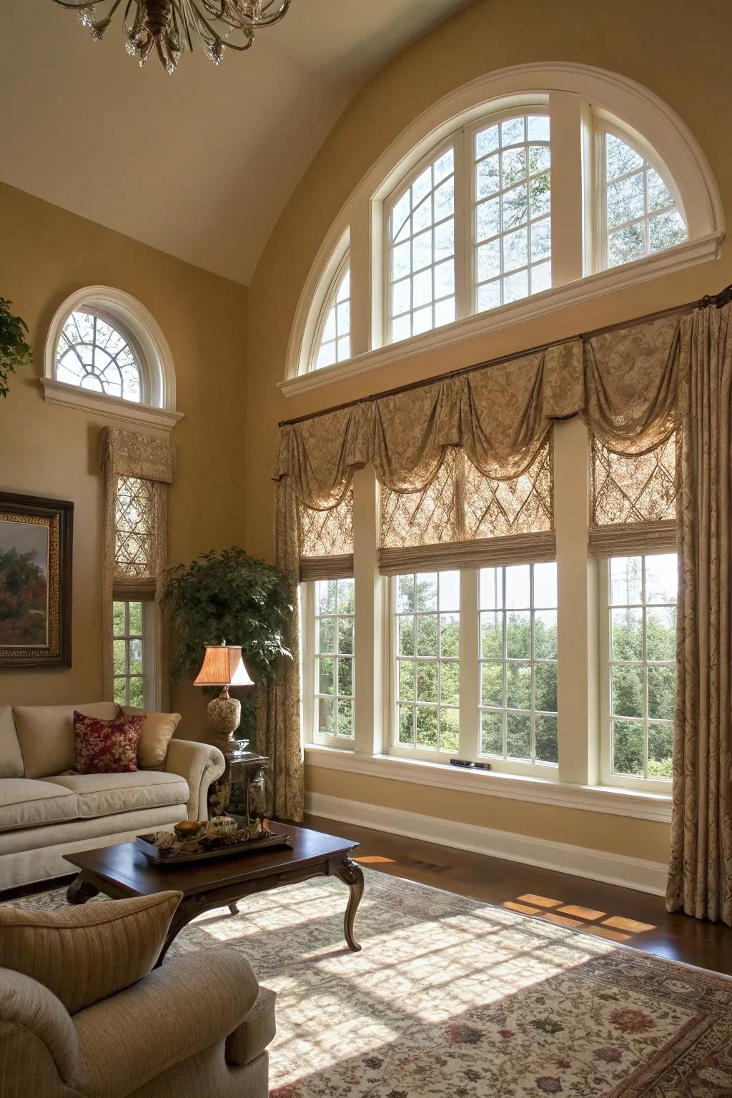 Curved treatments accentuate the distinctive design of casement windows.