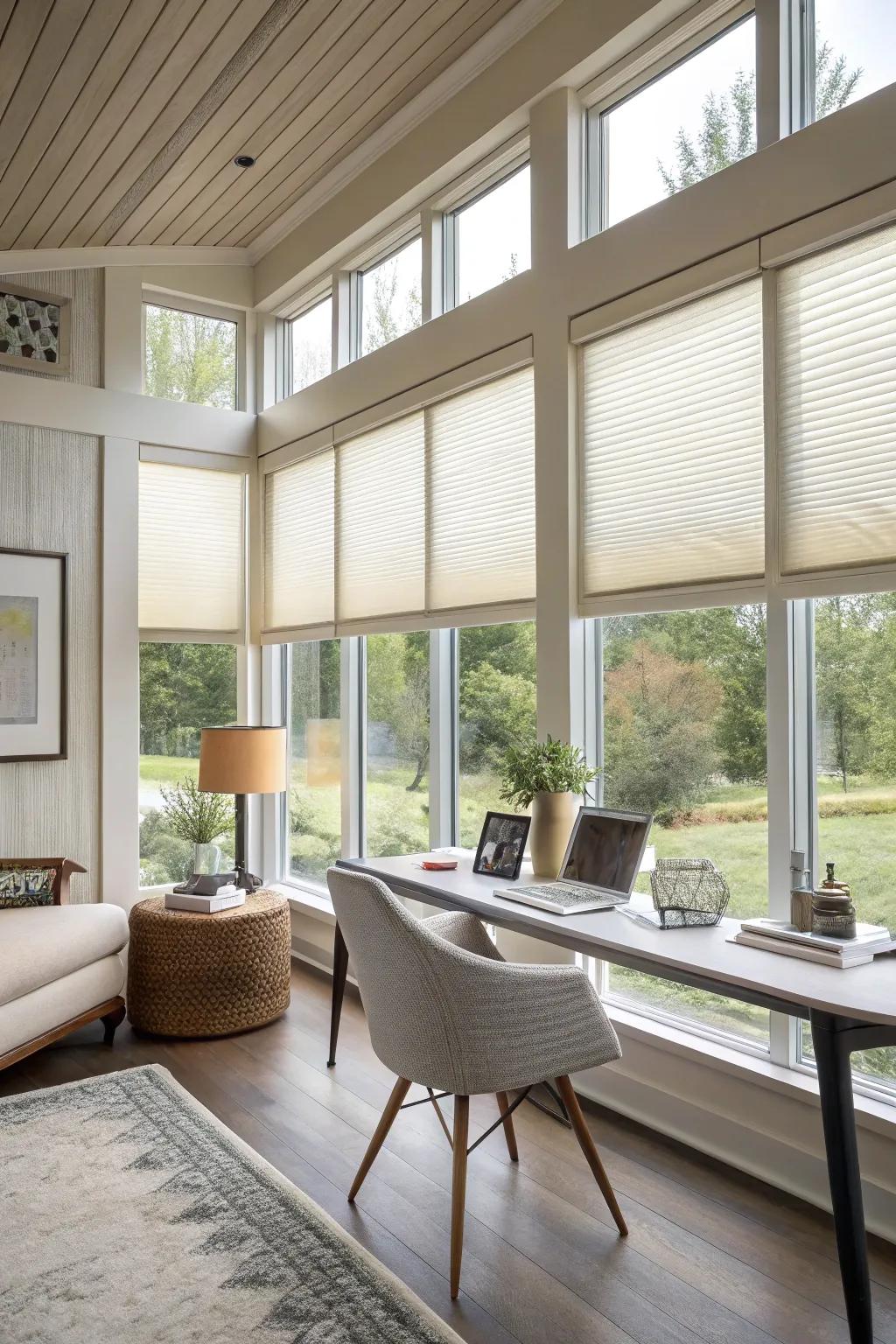 Honeycomb shades offer energy efficiency with a modern look.