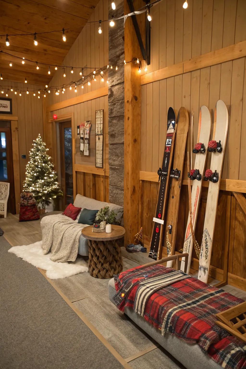 An adventurous Skiing Cabin Recess aesthetic featuring ski and snowboard decorations.