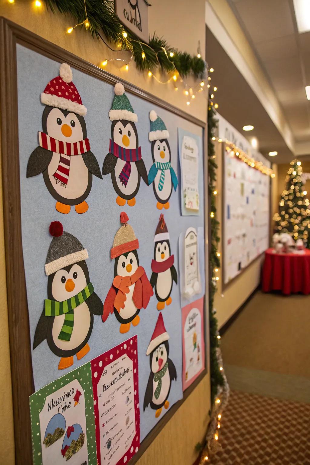 A gathering of flightless birds injects a whimsical allure into the classroom bulletin board.
