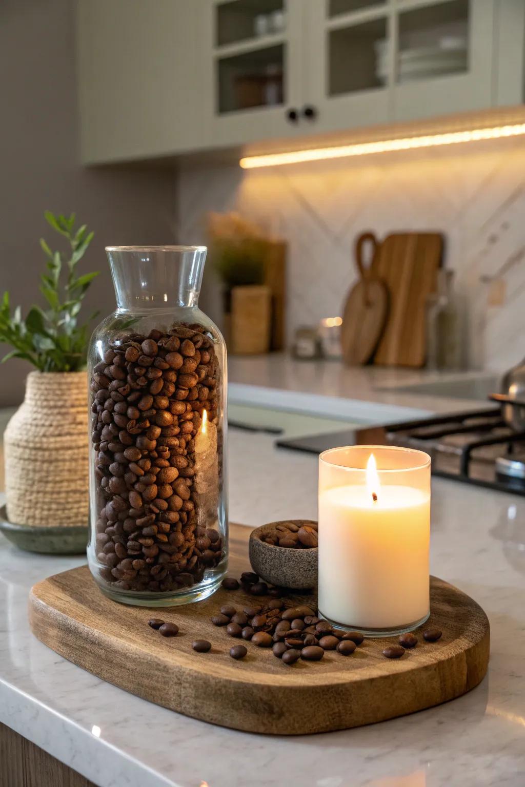 Coffee beans and candle light create a comfortable and welcoming atmosphere.
