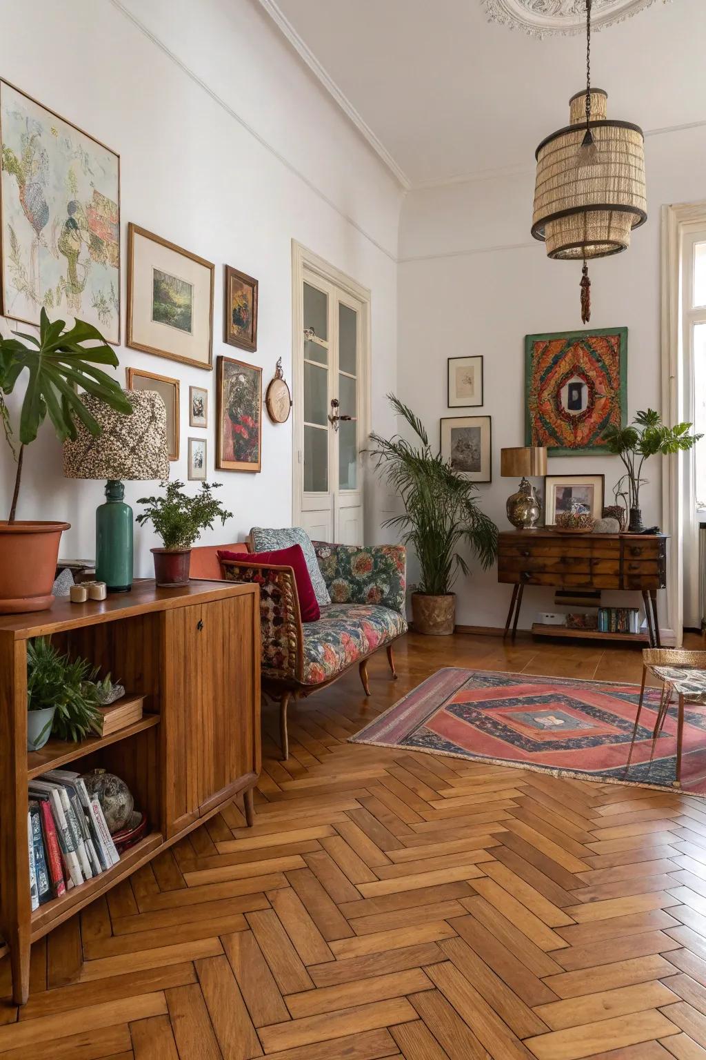 Artistic interior featuring distinct parquet timber flooring.
