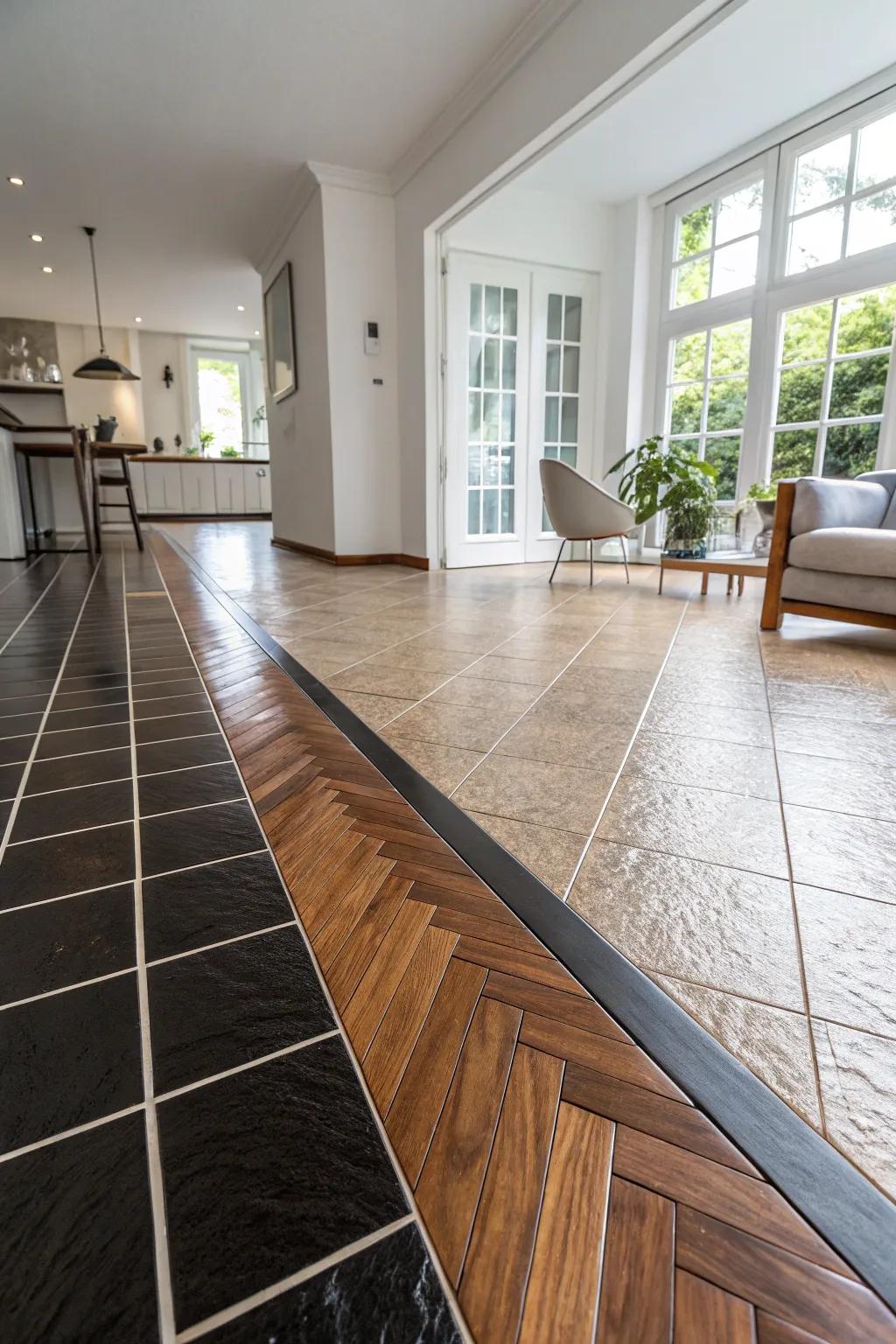 A modern interior displaying a daring right angle shift between tile and wooden floors.