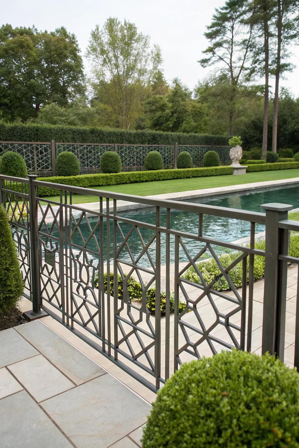 Geometric patterns on a fashioned iron barricade present a contemporary variation.