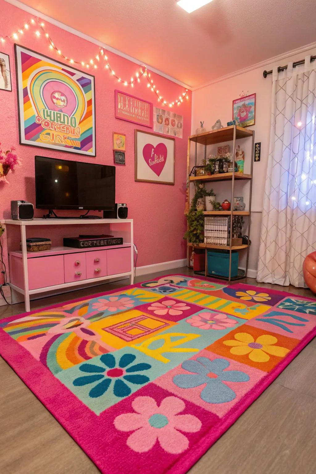 A colorful floor covering brings warmth and style to any Y2K room.