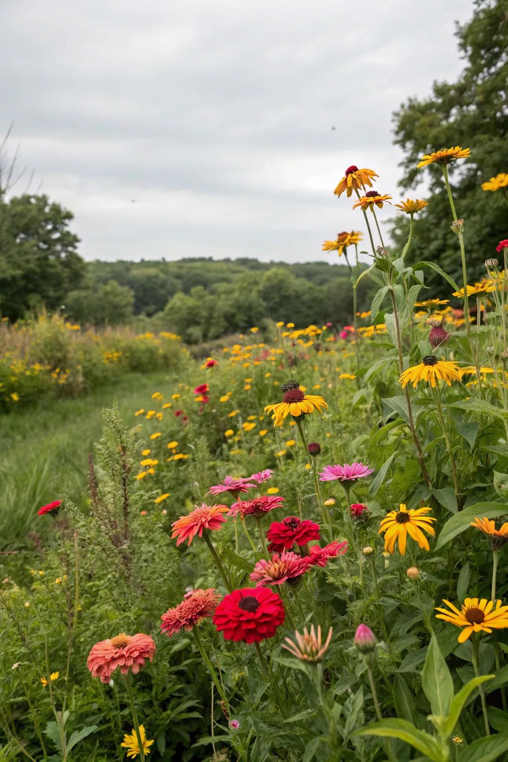A whimsical untamed bloom garden with blossifys and companion flowers.