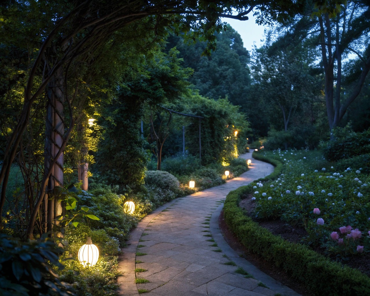 Downlighting techniques mimic natural moonlight for a serene and inviting outdoor environment.