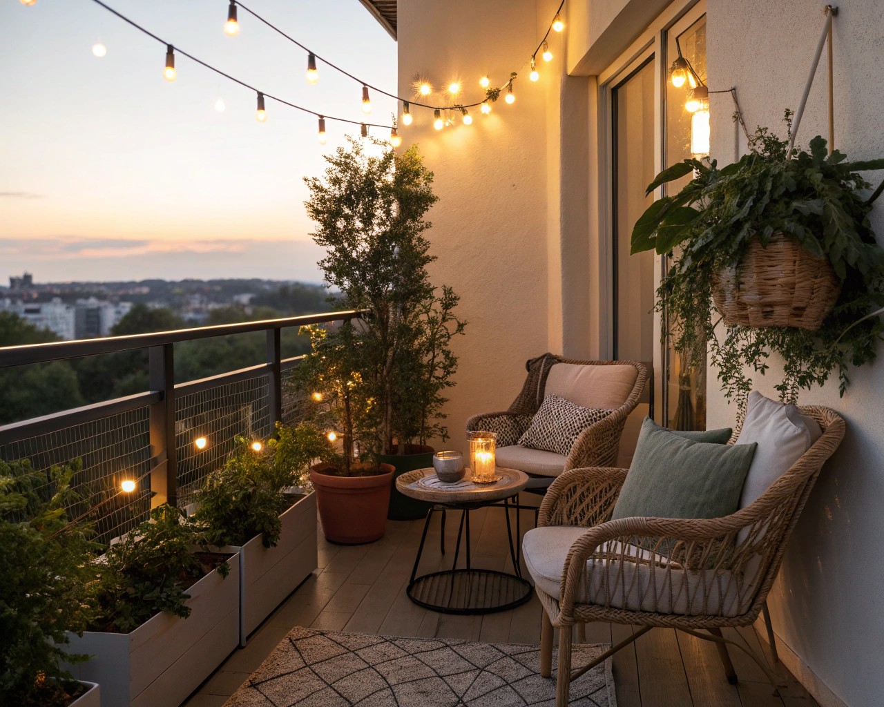 Implement layered lighting to transform your balcony into a nighttime retreat.