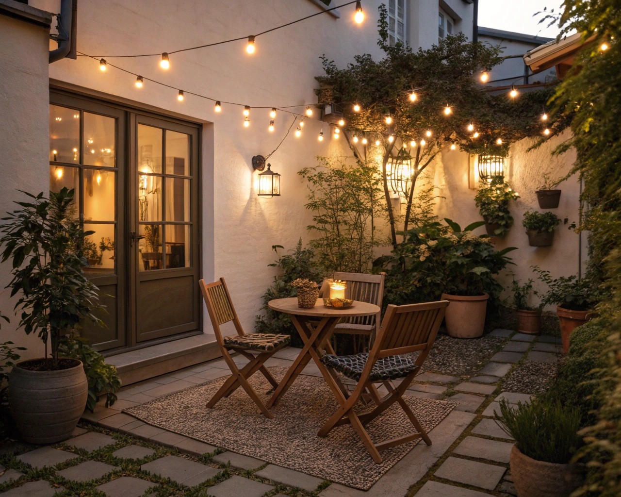 Lighting transforms compact outdoor spaces into magical settings.