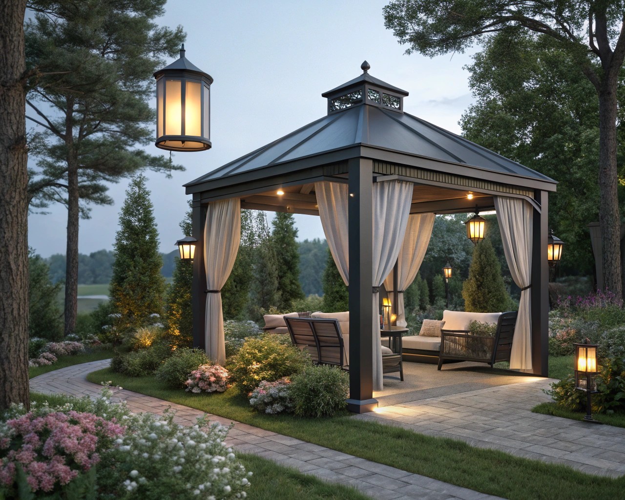 Sophisticated lighting solutions transform pergolas and gazebos into stunning evening retreats.