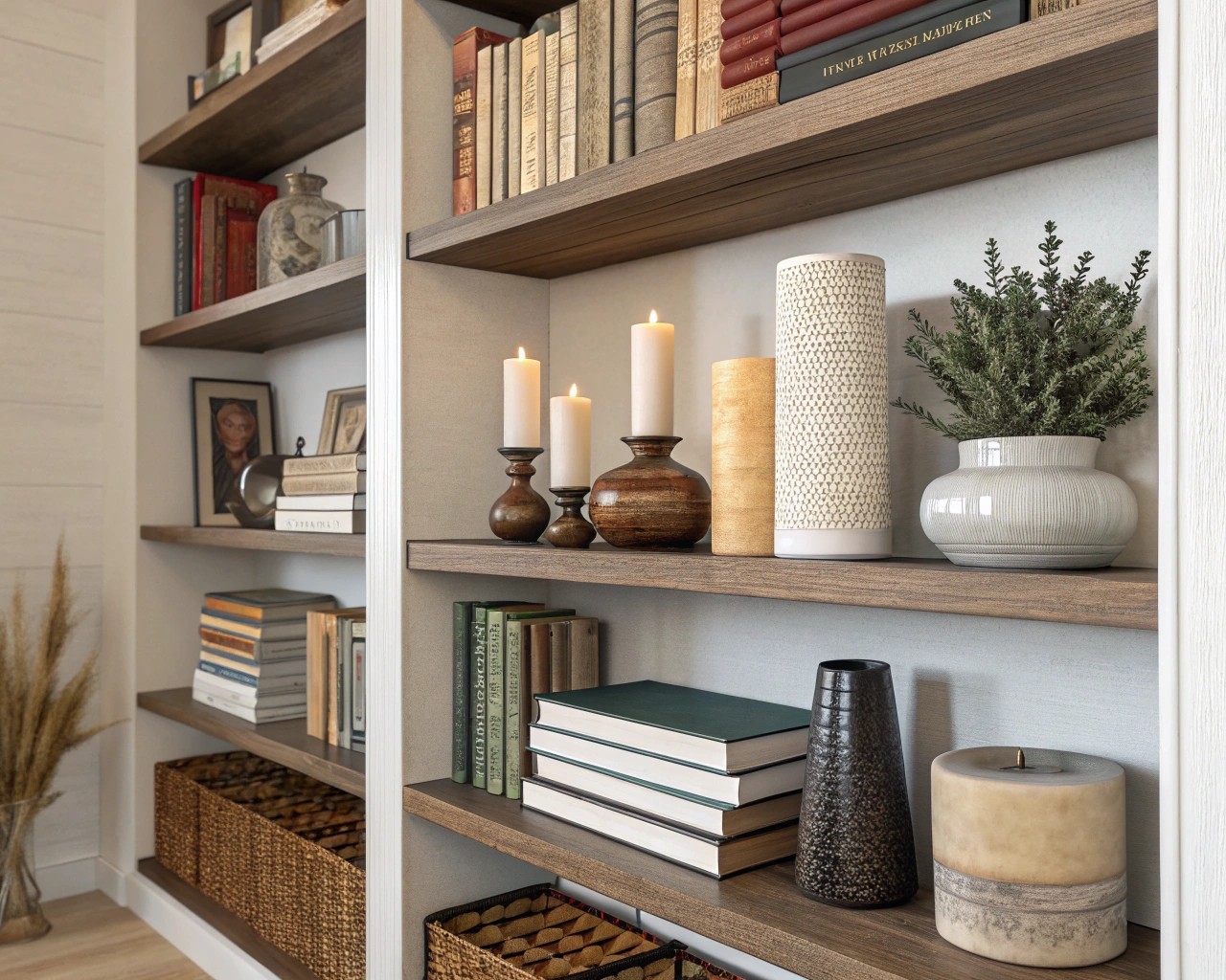 Styling techniques enrich the visual appeal of displayed storage, using principles like the rule of three.