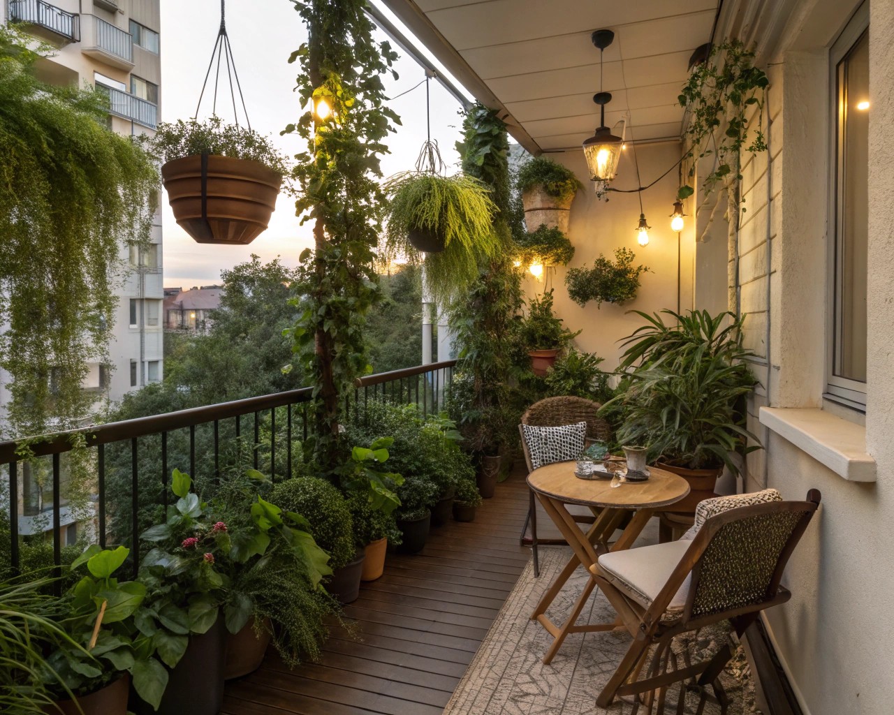 Use natural elements to create private, visually appealing balcony spaces.